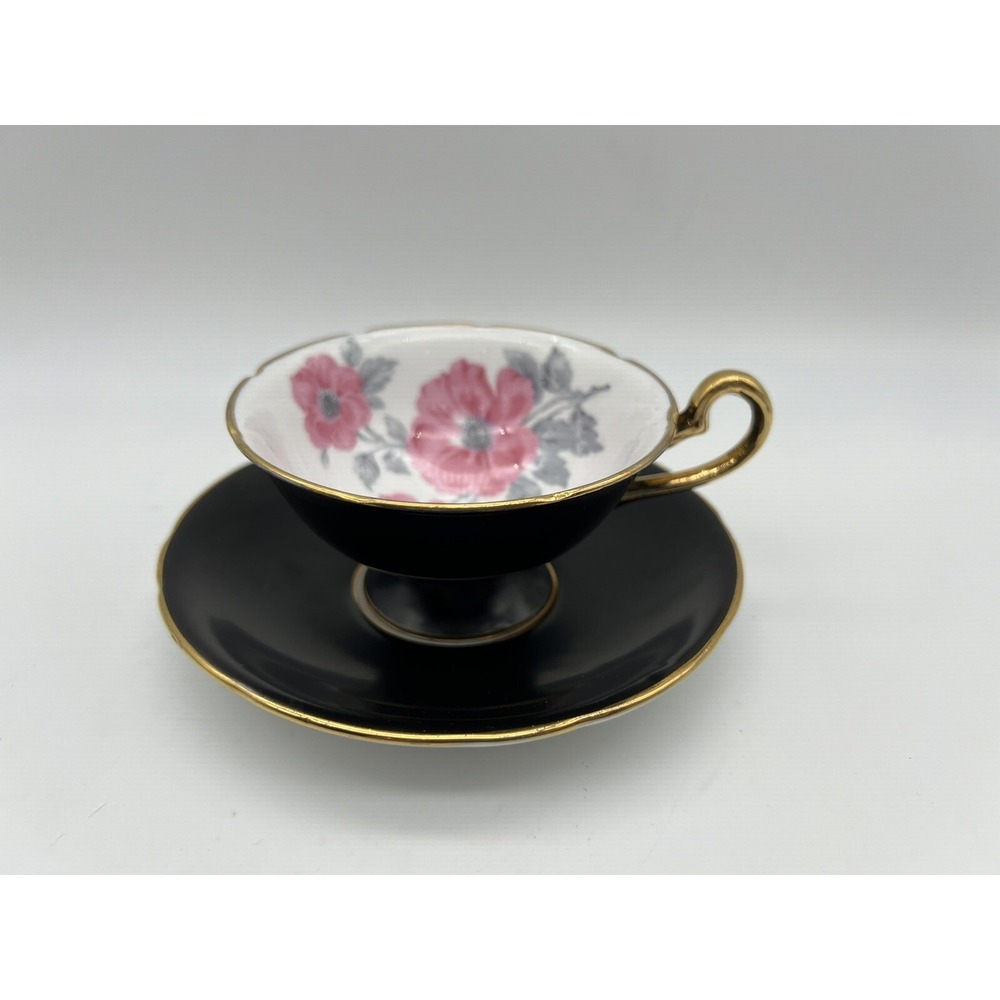 Vintage English Royal Stafford Black with Pink Rose Tea Cup & Saucer Set
